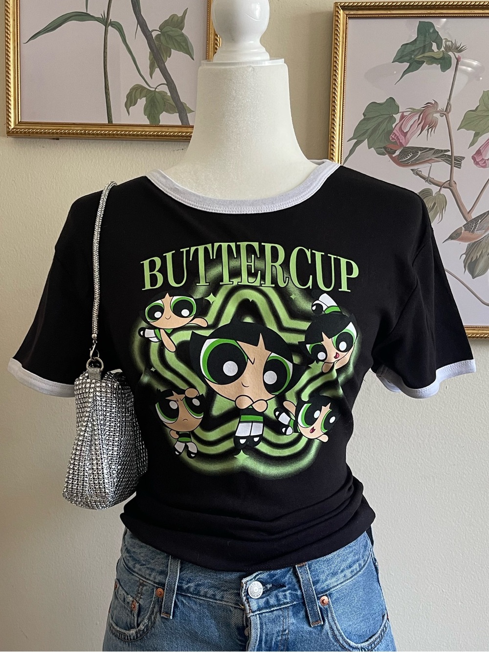 Y2k Buttercup Ringer Tee - Black with Neon Green Graphic